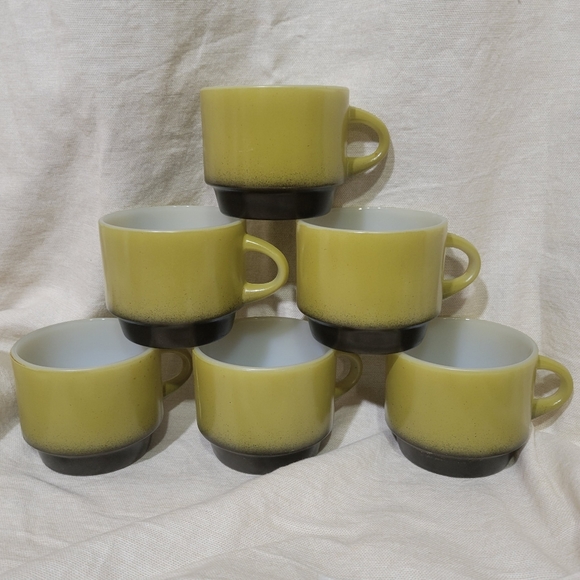 Anchor Hocking Fire-king Avocado Gree/black Stacking Cup set of 6 - Picture 3 of 5